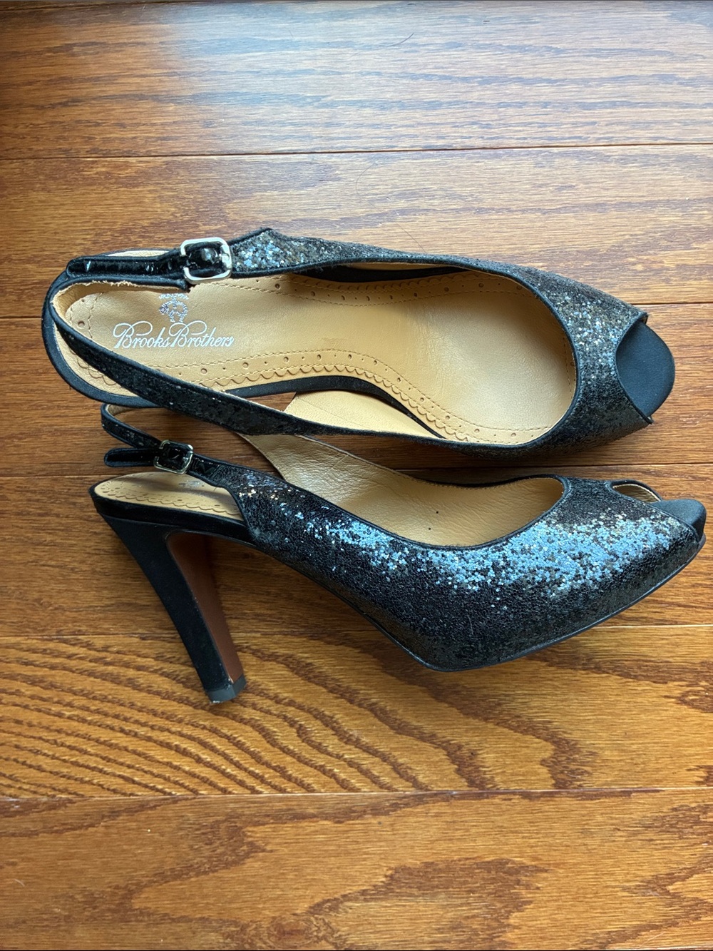 Brooks Brothers Black Glitter Slingback Peep-Toe Heels